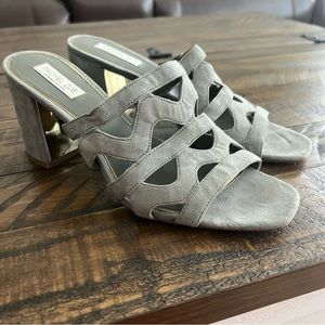 Rachel Zoe Zig Zag Genieva Gold Gray Suede Heeled Mules Slip On Heels